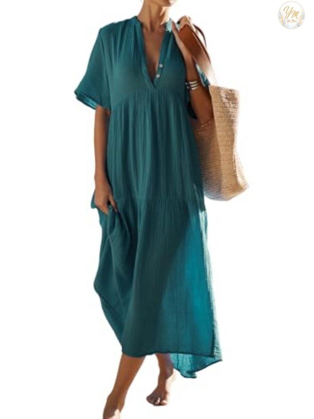Women's Cotton Flowy Maxi Dress Short Sleeve V-Neck Tiered Ruffle Boho